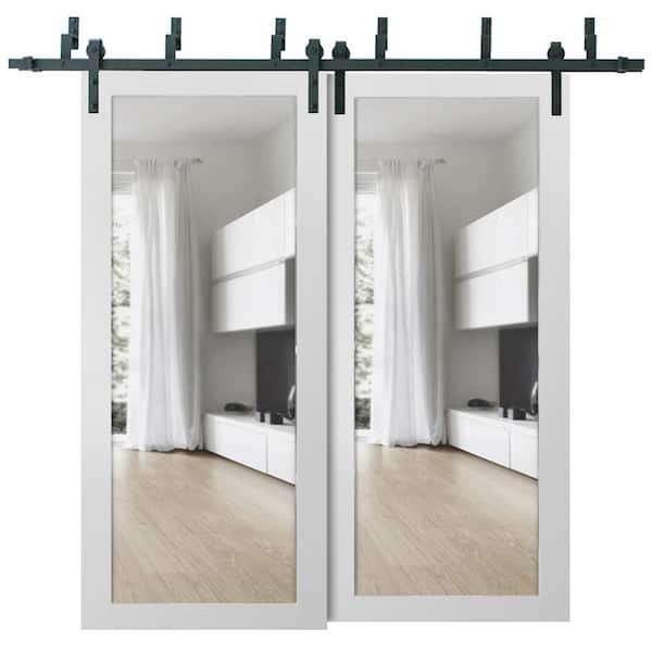2166 72 in. x 80 in. Full Lite Clear Glass Matte White Finished Solid Wood Sliding Door with Hardware Kit