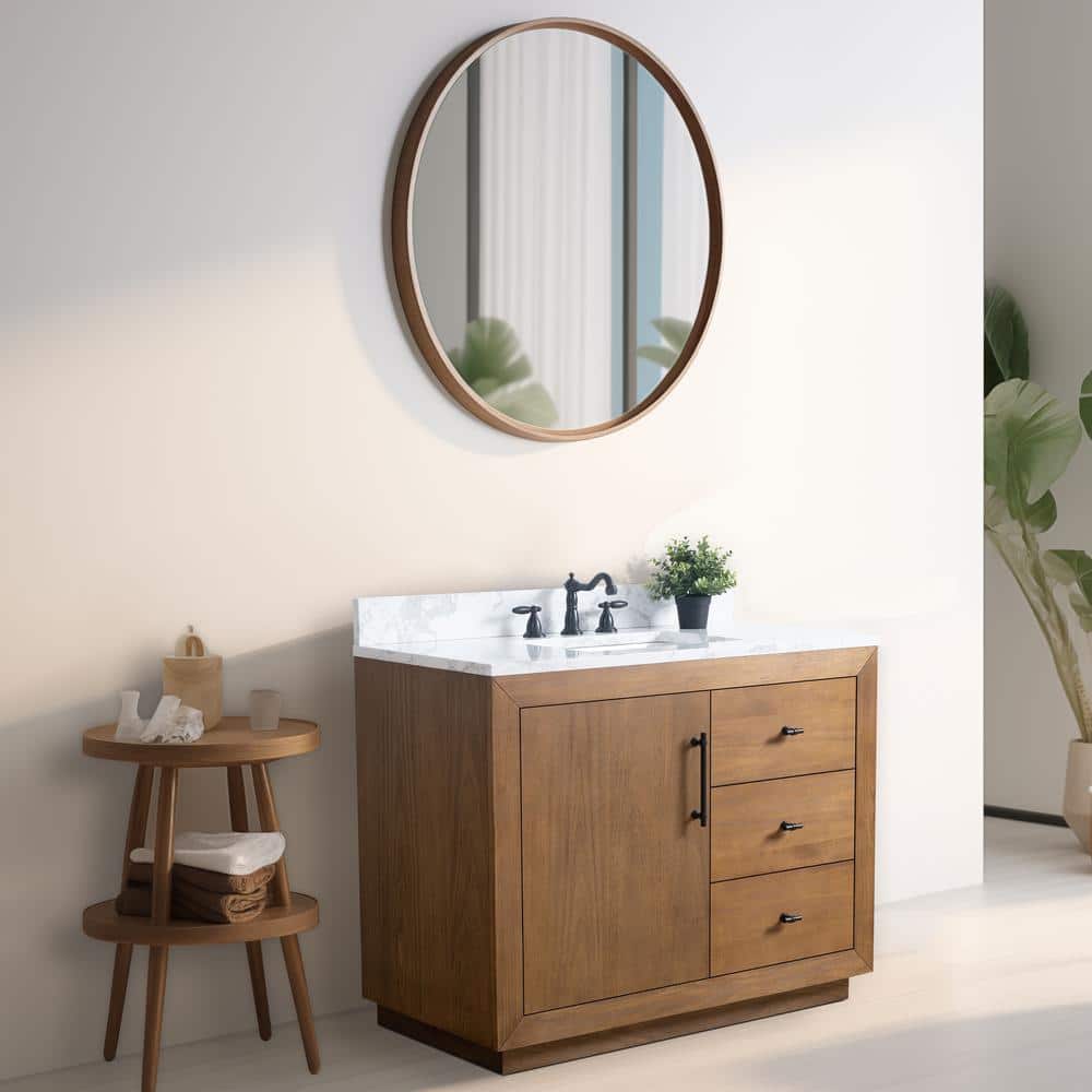 42" Tan Poplar Wood Single Bathroom Vanity with Marble Top
