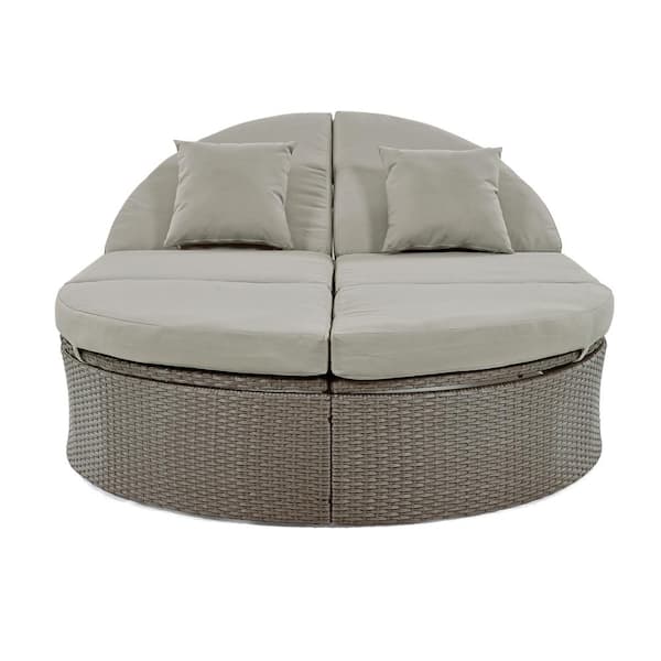 Unbranded 2-Person Wicker Rattan Garden Reclining Outdoor Chaise Lounge Day Bed with Gray Cushions and Pillows