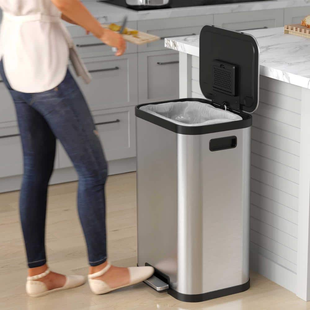 Fingerprint Resistant Brushed Silver Stainless Steel 13 Gallon Trash Can