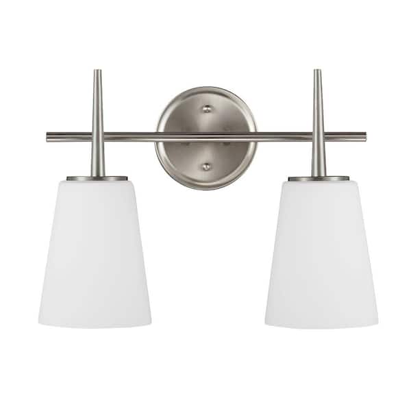 Generation Lighting Driscoll 15.5 in. 2-Light Contemporary Modern Brushed Nickel Wall Bathroom Vanity Light with Etched White Glass Shades
