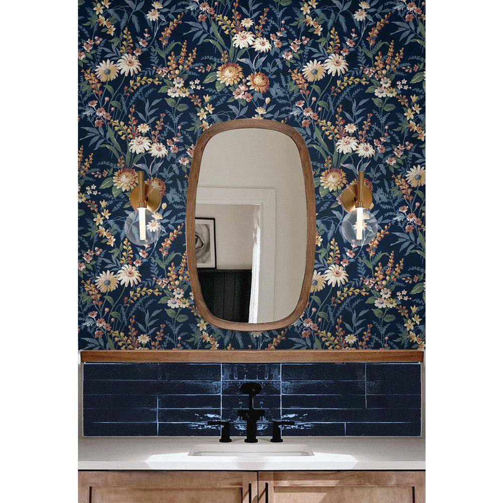 Navy Blue Vinyl Floral Peel and Stick Wallpaper Roll