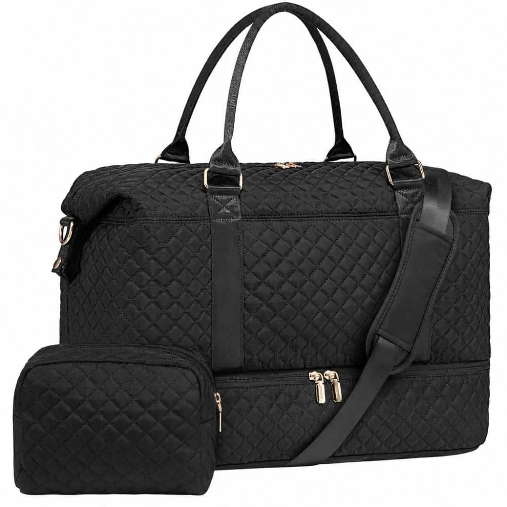 13.58 in. Black Travel Duffle Bag with Toiletry Bag, Weekender Bags with Shoe Compartment and Wet Pocket