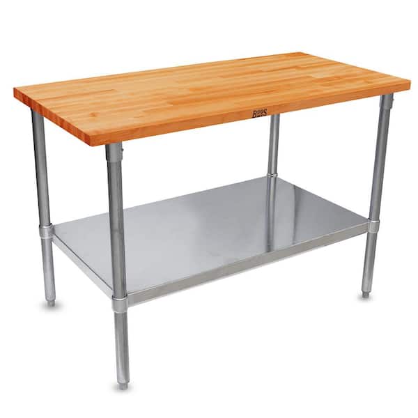 JOHN BOOS Natural Brown Cherry Wood Top 24 in. Kitchen Prep Table Galvanized Base Shelf