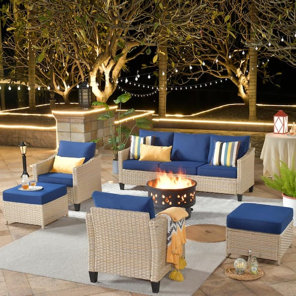 weaxty W Camellia A Beige 6-Piece Wicker Patio Wood Burning Fire Pit Seating Set with Navy Blue Cushions