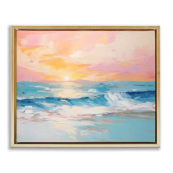 Beach Waves Bright Sunset by Arlington Prints Gold Floater Frame Coastal Graphic Art Print 17 in. x 21 in.