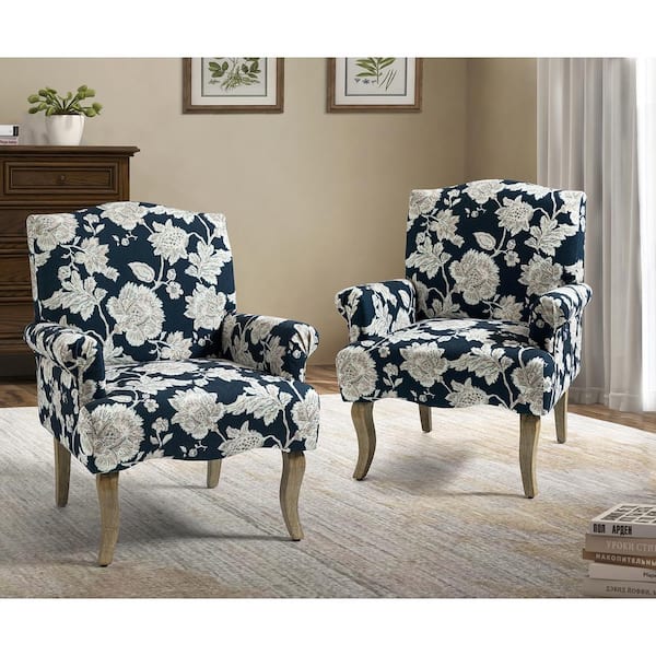 JAYDEN CREATION Benedict Navy Armchair with Solid Wood Legs Set of 2