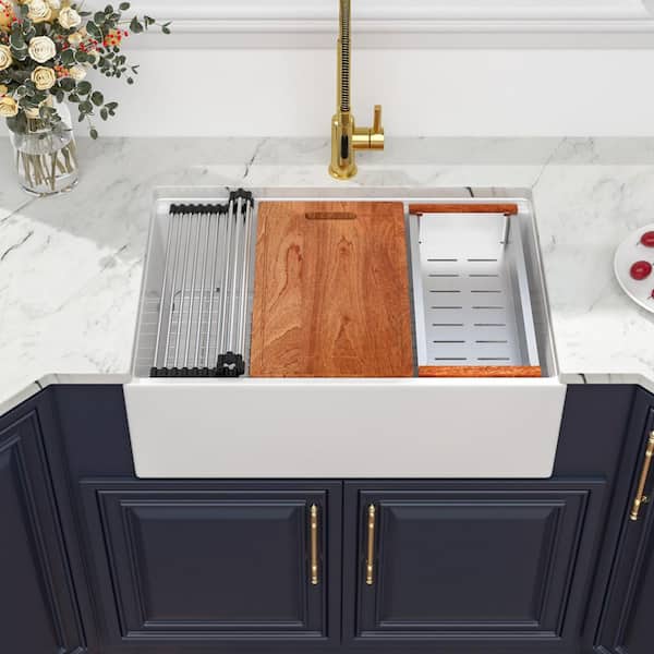 Ceramic White 33 in. Farmhouse Single Bowl Workstation Apron Front Kitchen Sink with Bottom Grid and Cutting Board