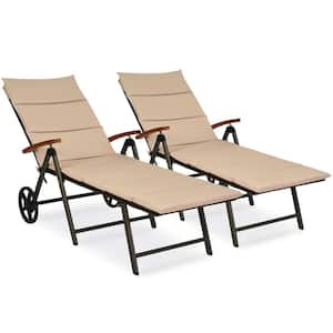 2-Piece Folding Wicker Outdoor Chaise Lounge Chair Cushioned Recliner with Wheels and Brown Cushion