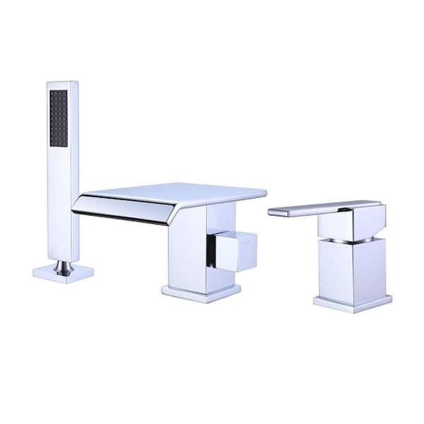 Single-Handle Deck-Mount Waterfall Roman Tub Faucet with Hand Shower in Polished Chrome