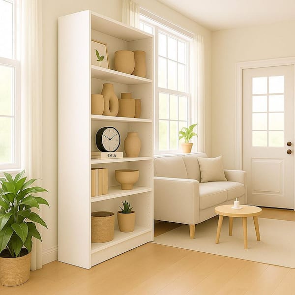 Seren 70.9 in. Tall White Wood 5-Shelf Storage Bookcase
