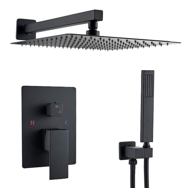 1-Spray Rainfall 12 in. Dual Shower Head Wall Mount Fixed and Handheld Shower Faucet System 1.8 GPM in Matte Black