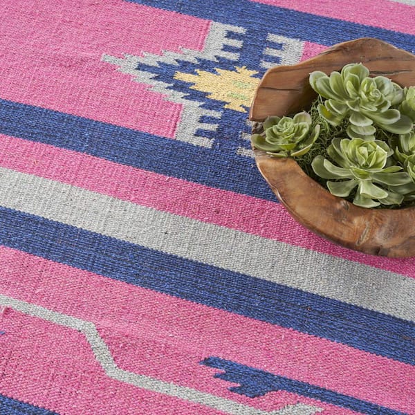8 ft. x 10 ft. Pink and Blue Southwestern Handmade Area Rug with Fringe