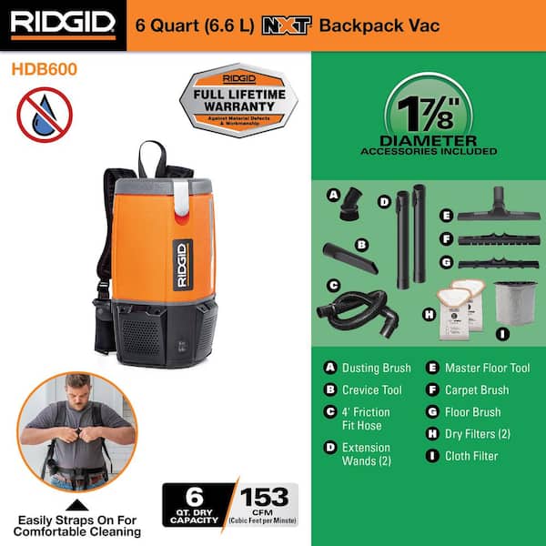 6 Qt. (1.5 Gal.) NXT Backpack Vacuum Cleaner with Filters and Shop Vacuum Attachments for Dry Applications HDB600