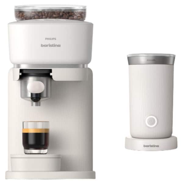 1 Cup Baristina Automatic Espresso Machine and Milk Frother Bundle, White