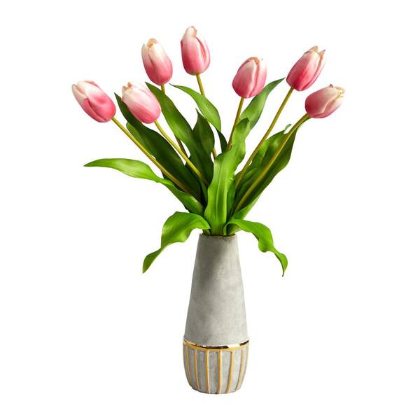 Nearly Natural 22 in. Dutch Tulip Artificial Arrangement in Stoneware Vase with Gold Trimming
