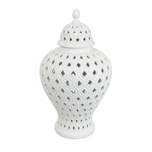 Benjara Porcelain Jar with Carved Lattice Design