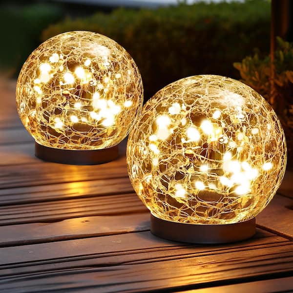 Solar Outdoor Waterproof Warm White Cracked Glass Ball Lights, 2 Pack