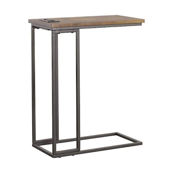 Benjara 18.5 in. Brown and Black Rectangular C Shape Wood Top Side End Table with 2 USB and 1 Charging Port