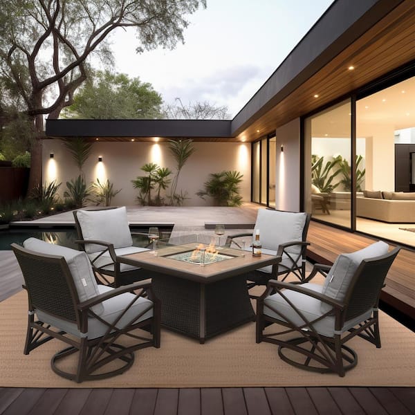 Kinger Home 5 Piece Wicker Outdoor Patio Conversation Fire Pit Table Set With Grey Cushions FP 001BRN S GRY The Home Depot
