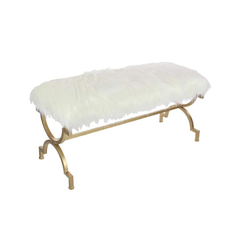 Chic Gold Metal 42" Entryway Bench with White Faux Fur Cushion