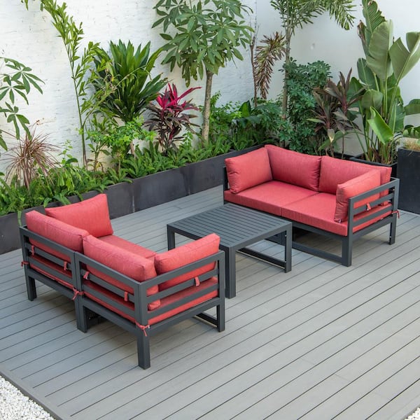 Leisuremod Chelsea Black 5-Piece Aluminum Patio Conversation Set with Red Cushions