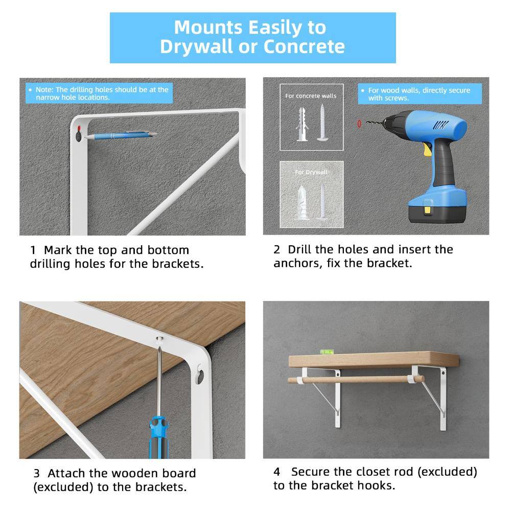 Installation guide showing how to mount brackets to drywall or concrete.