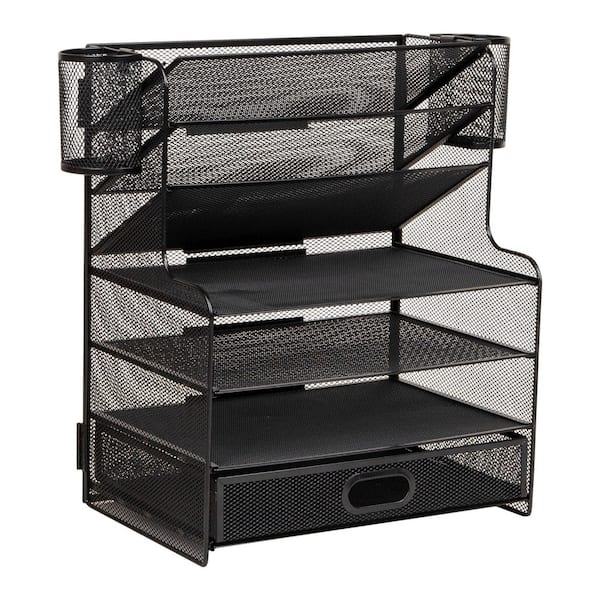 Black 9 in. W x 16 in. H Metal Mesh Desk Organizer, 6 Compartments, 1 Drawer, 2 Pen Cups, Office Desktop Organizer