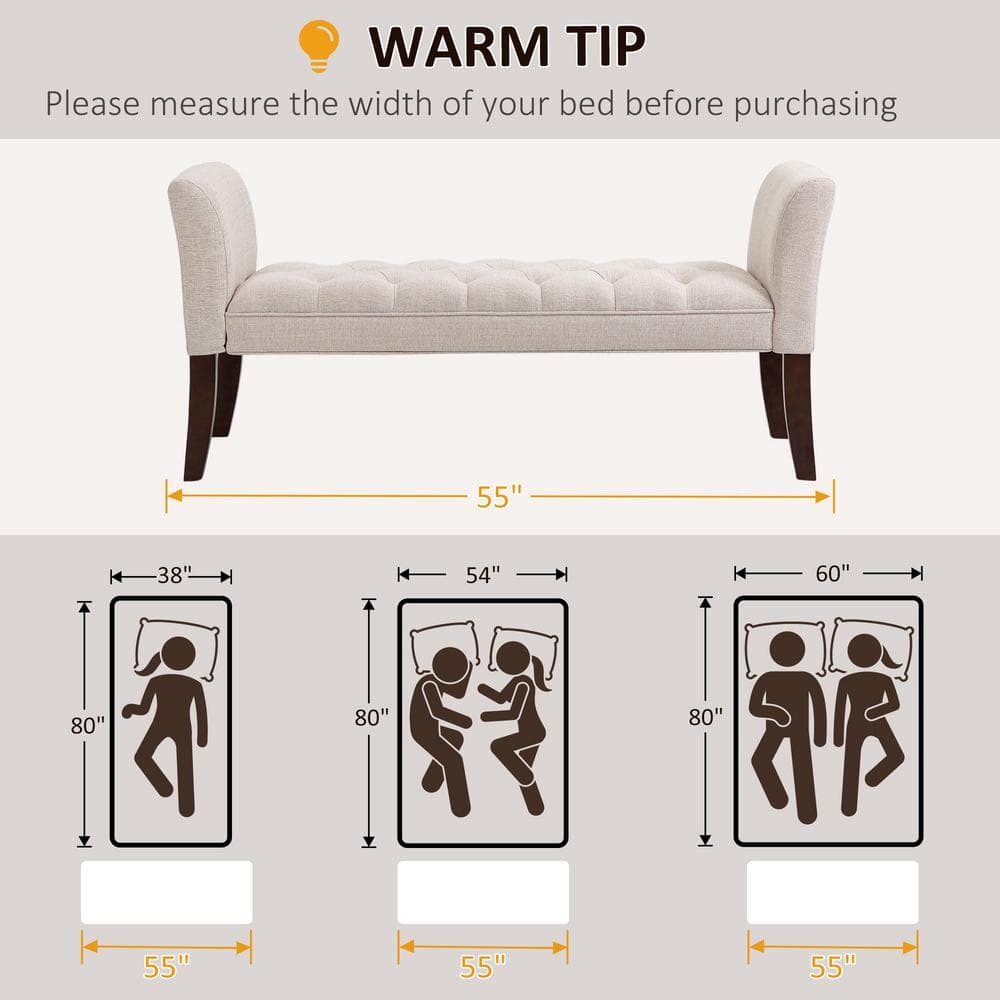 Beige Upholstered Bench with Flared Arms and Wood Legs