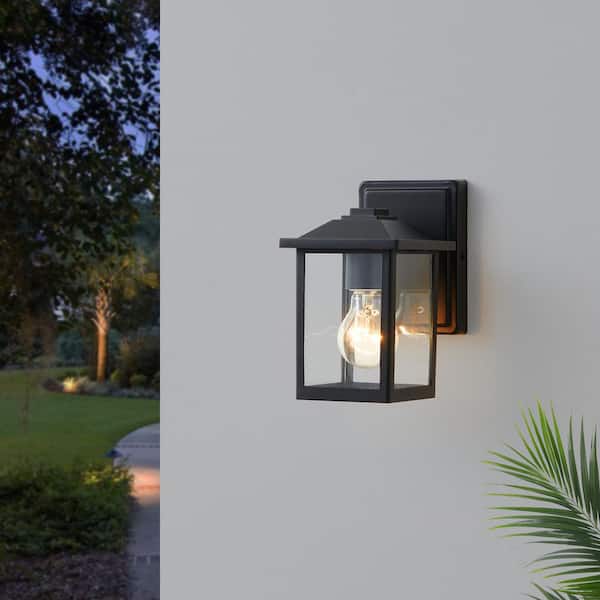 8 in. Painted Black Outdoor Hardwired Wall Lantern Scone with Clear Tempered Glass (2-Pack)