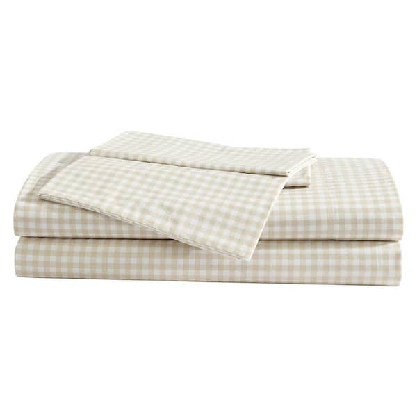 Little Gingham 3-Piece White/Oyster Cotton Twin Sheet Set