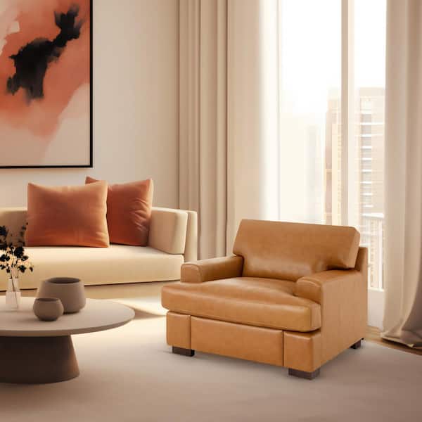 HOMESTOCK Genuine Leather Square Arm Accent Chair