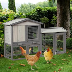 2-Story Wooden Rabbit Hutch Bunny Cage Small Animal House Chicken Coop in Gray with Ramp and Removable Tray