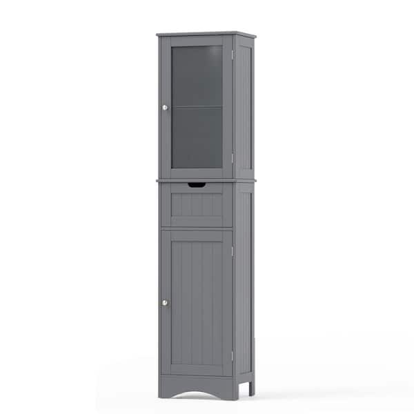 16 in. W x 12 in. D x 67 in. H Gray Bathroom Tall Freestanding Linen Cabinet Tower with Doors and Drawer