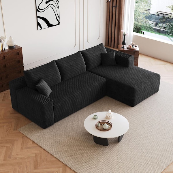 94 in. Corduroy Fabric Sectional Sofa, L-Shaped Upholstered Couch in Black, Right Facing