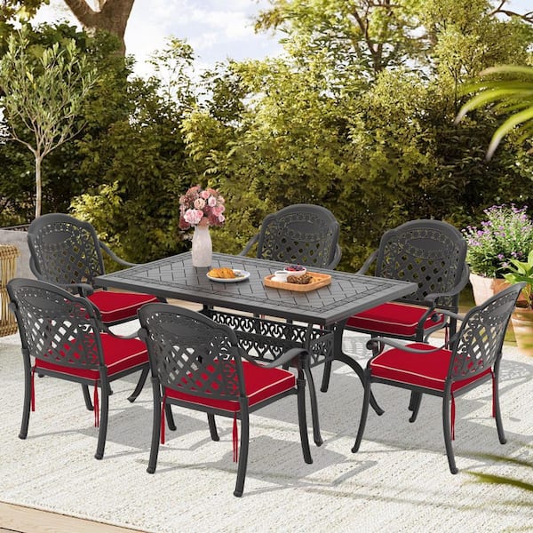 Isabella 7-Piece Cast Aluminum Outdoor Dining Set with 59.05 in. x 35.43 in. Rectangular Table and Red Cushions