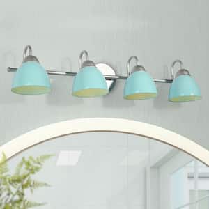 30 in. 4-Light Grey Blue Vanity Light with Blue Metal Shades