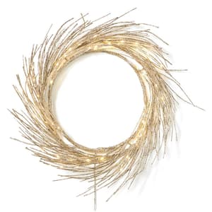 24 in. Champagne Glitter Battery Operated Pre-Lit Warm White LED Artificial Christmas Wreath
