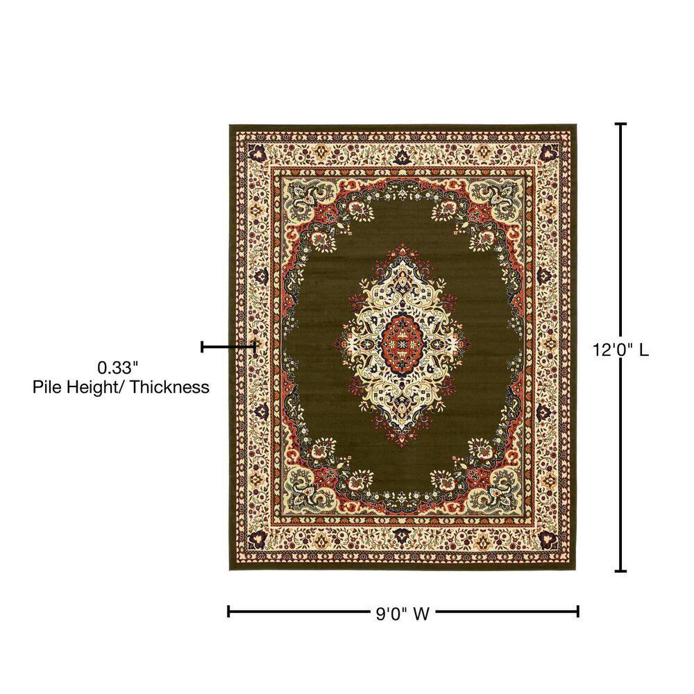 Olive Green and Cream Medallion Synthetic 9' x 12' Area Rug