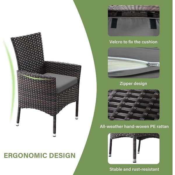 10-Piece Wicker Square Patio Outdoor Dining Set with Glass Tabletop and 1.5 in. Umbrella Hole, Grey Cushion