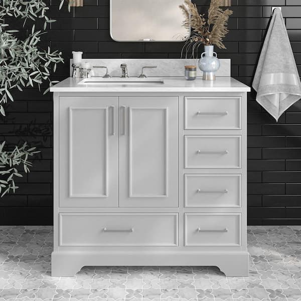 ARIEL Stafford 37 in. W x 22 in. D x 35.25 in. H Left Single Sink Bath Vanity in Grey with Carrara White Marble Top