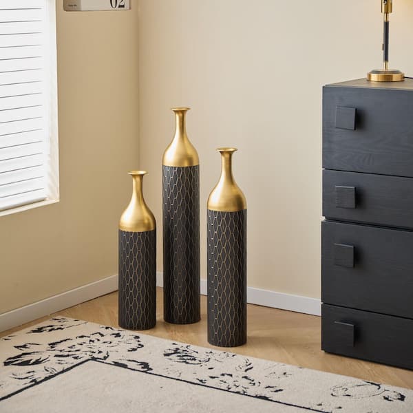 5.91 in. x 34.25 in.  30.31 in. 24.8 in. Black and Gold Trumpet Metal Vase Set of 3-Luxurious Floor Vases for Home Decor