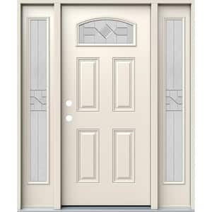 60 in. x 80 in. Right-Hand Camber Top Caldwell Decorative Glass Primed Fiberglass Prehung Front Door w/Sidelites