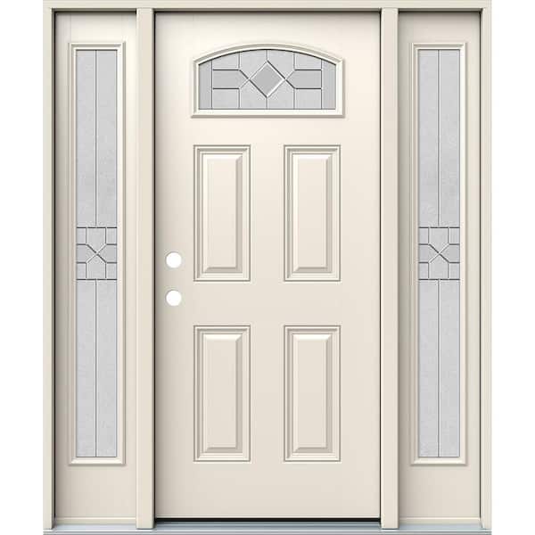 60 in. x 80 in. Right-Hand Camber Top Caldwell Decorative Glass Primed Fiberglass Prehung Front Door w/Sidelites