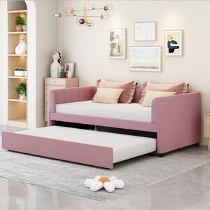 Pink Wood Twin Size Velvet Upholstered Daybed with Ergonomic Design Backrest and Trundle