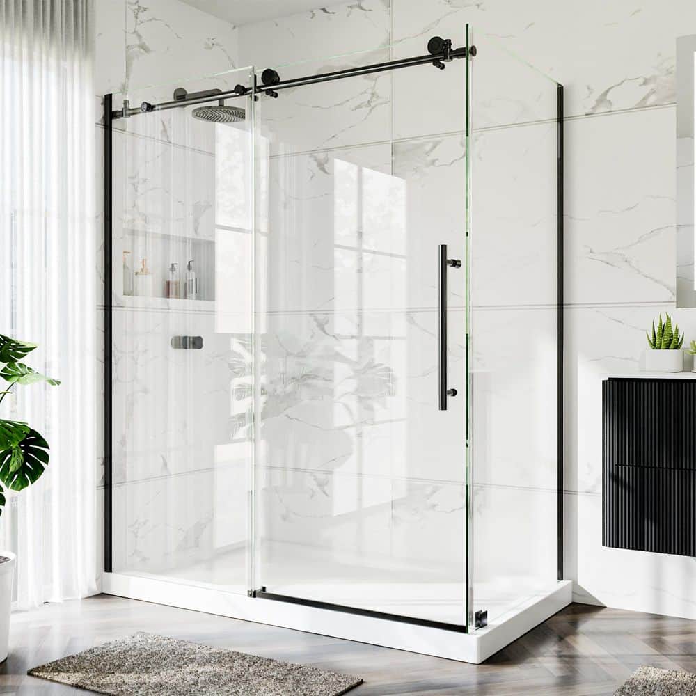60 in. W x 72 in. H Sliding Frameless Corner Shower Enclosure in Matte Black with 5/16 in. (8mm) Clear Tempered Glass price history on PriceWatchPro
