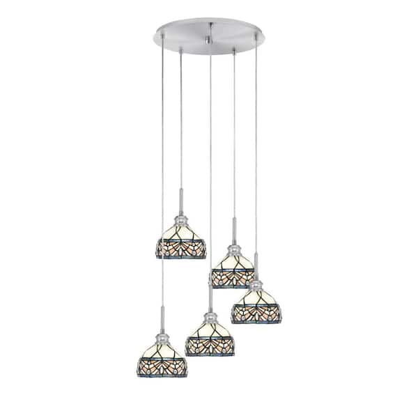 Unbranded Albany 60-Watt 19.75 in. 5-Light Brushed Nickel Cord Pendant Light Royal Merlot Art Glass Shade