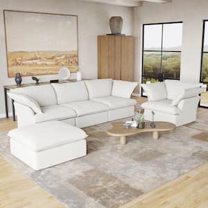 Modular Living Room Sofa Set Overstuffed Linen Flannel 3-Seat Couch, Accent Chair with Ottoman, White