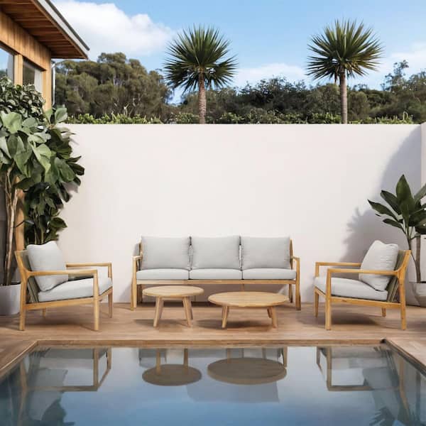 DIRECT WICKER Shutter 5-Piece Acacia Wood Patio Conversation Sofa Set with Grey Cushions