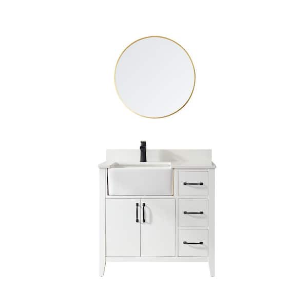 ROSWELL Sevilla 36 in. W x 22 in. D x 33.9 in. H Single Sink Bath Vanity in White with White Stone Countertop and Mirror